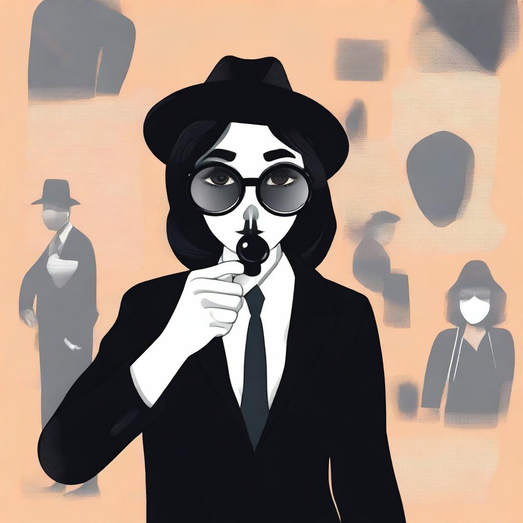 Generate an image where a girl, who is not a detective, is standing behind a detective holding a magnifying glass