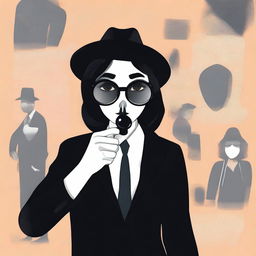 Generate an image where a girl, who is not a detective, is standing behind a detective holding a magnifying glass