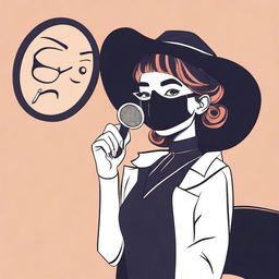 Generate an image where a girl, who is not a detective, is standing behind a detective holding a magnifying glass