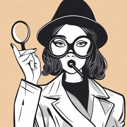 Generate an image where a girl, who is not a detective, is standing behind a detective holding a magnifying glass