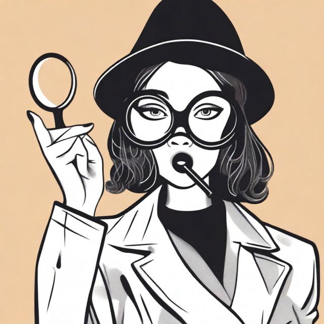 Generate an image where a girl, who is not a detective, is standing behind a detective holding a magnifying glass