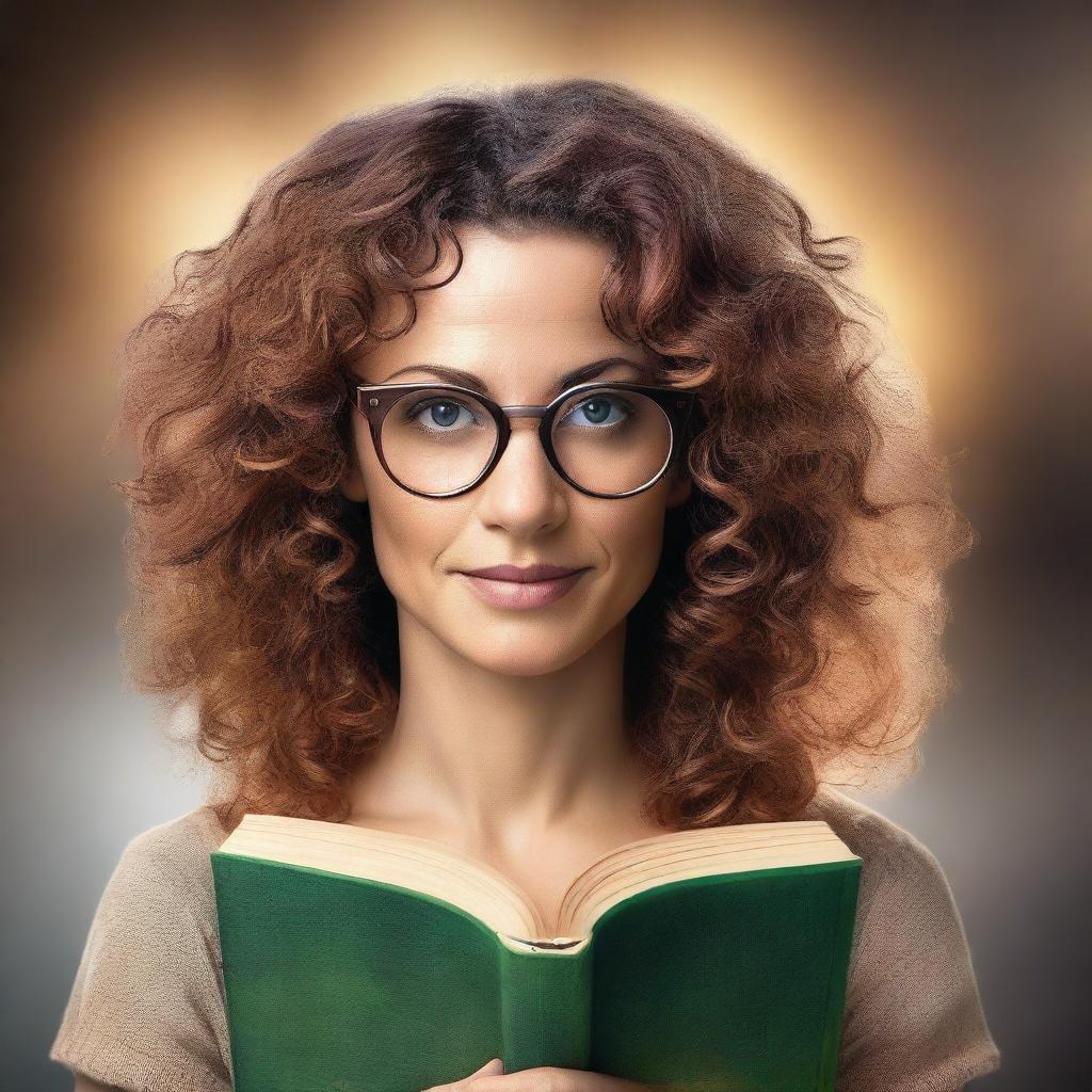 Create a realistic book cover featuring a woman with shoulder length curly hair, hazel eyes, and round glasses