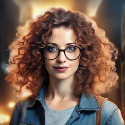 Create a realistic book cover featuring a woman with shoulder length curly hair, hazel eyes, and round glasses