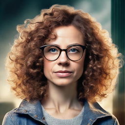 Create a realistic book cover featuring a woman with shoulder length curly hair, hazel eyes, and round glasses