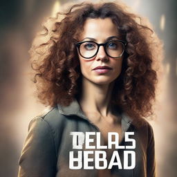 Create a realistic book cover featuring a woman with shoulder length curly hair, hazel eyes, and round glasses