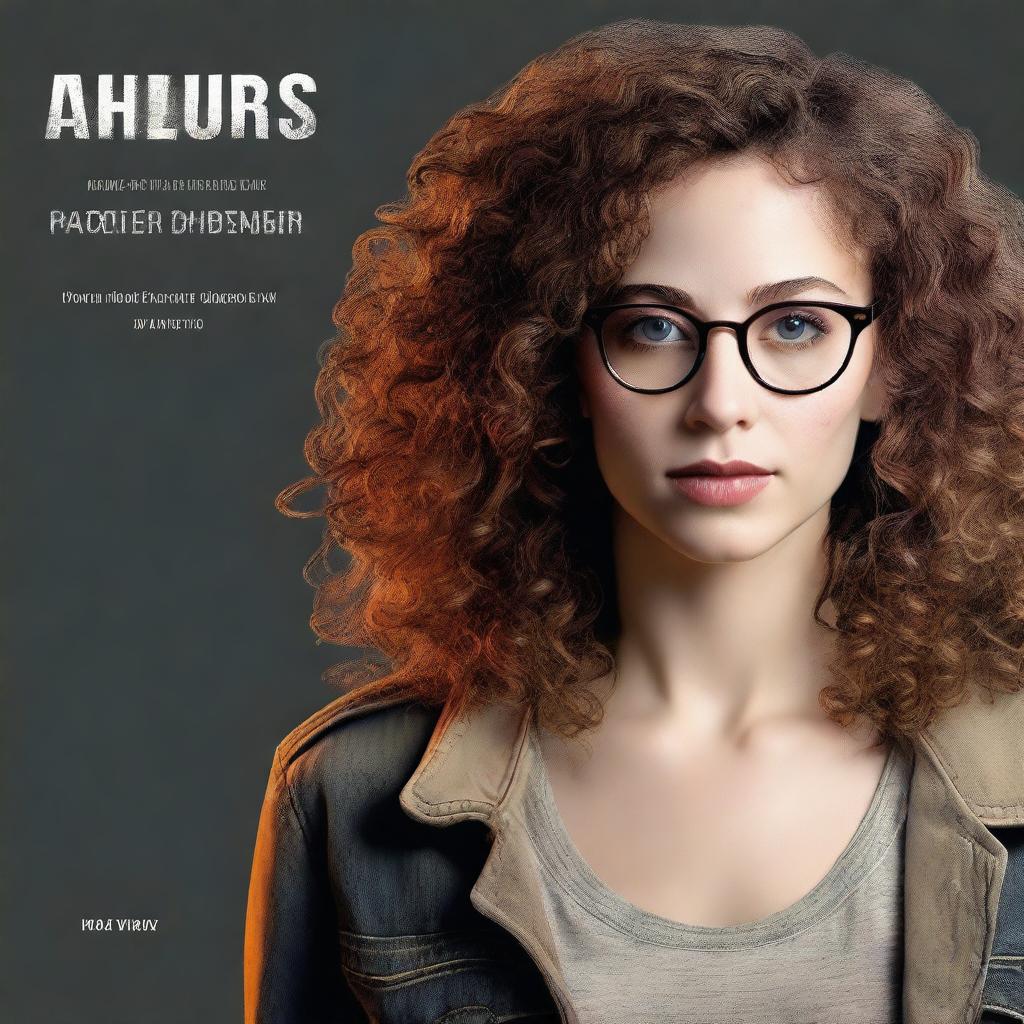 Create a realistic book cover featuring a young woman with shoulder length curly hair, hazel eyes, and round glasses