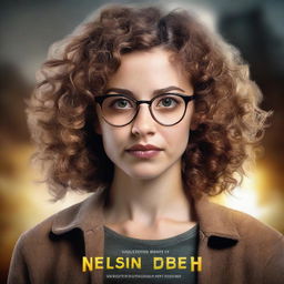 Create a realistic book cover featuring a young woman with shoulder length curly hair, hazel eyes, and round glasses