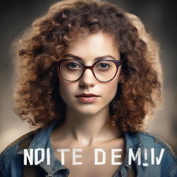 Create a realistic book cover featuring a young woman with shoulder length curly hair, hazel eyes, and round glasses