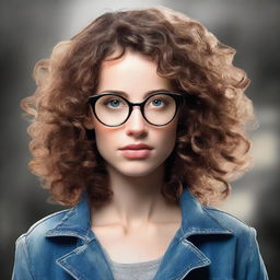 Create a realistic book cover featuring a young woman with shoulder length curly hair, hazel eyes, and round glasses