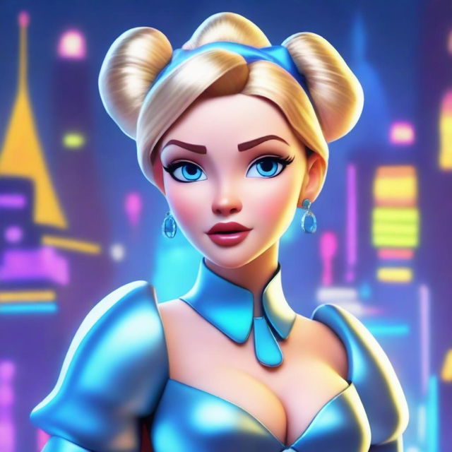 Create an image of the classic Disney character Cinderella reimagined as a cyberpunk babe in the distinctive 3D animation style of Pixar