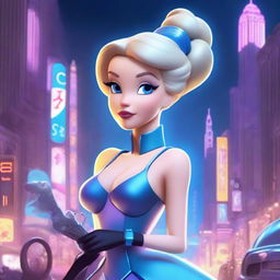 Create an image of the classic Disney character Cinderella reimagined as a cyberpunk babe in the distinctive 3D animation style of Pixar