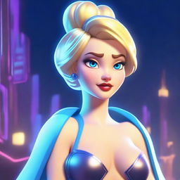 Create an image of the classic Disney character Cinderella reimagined as a cyberpunk babe in the distinctive 3D animation style of Pixar