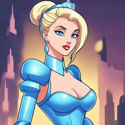 Generate an image of Cinderella reimagined as a cyberpunk character in a grimdark cartoon style