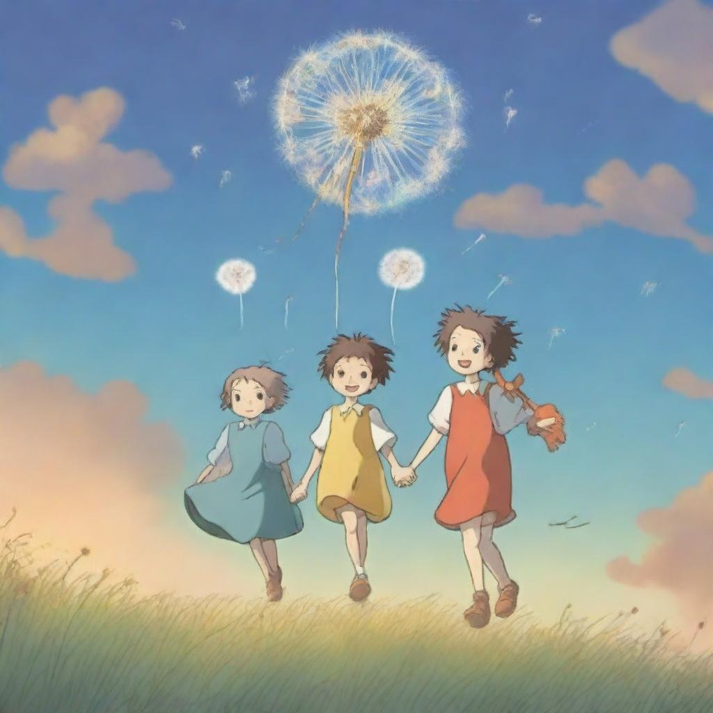 Create an image depicting the whimsical journey of the 'Dandelion Children'