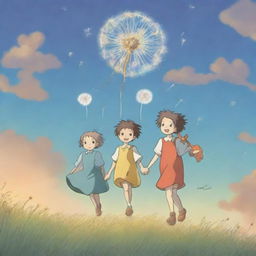 Create an image depicting the whimsical journey of the 'Dandelion Children'