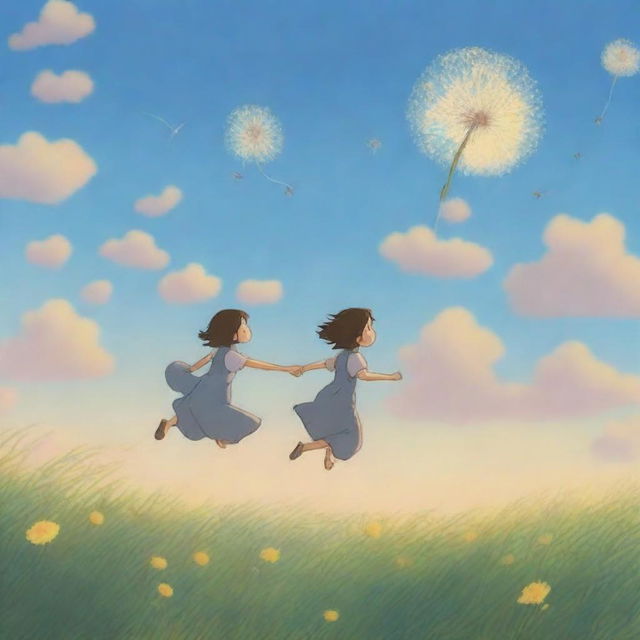 Create an image depicting the whimsical journey of the 'Dandelion Children'