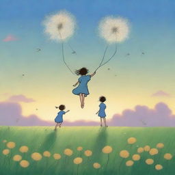 Create an image depicting the whimsical journey of the 'Dandelion Children'