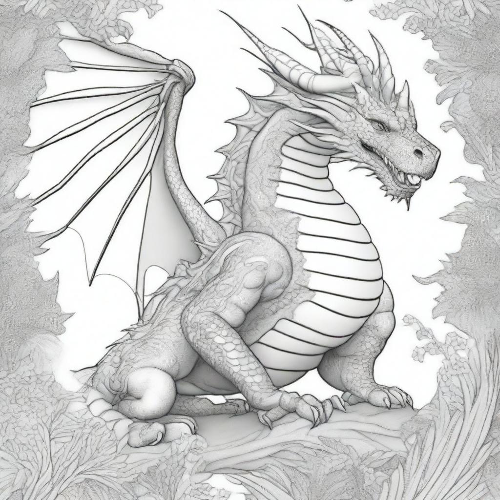 Create an image of a dragon in a dynamic pose, full of intricate details for coloring