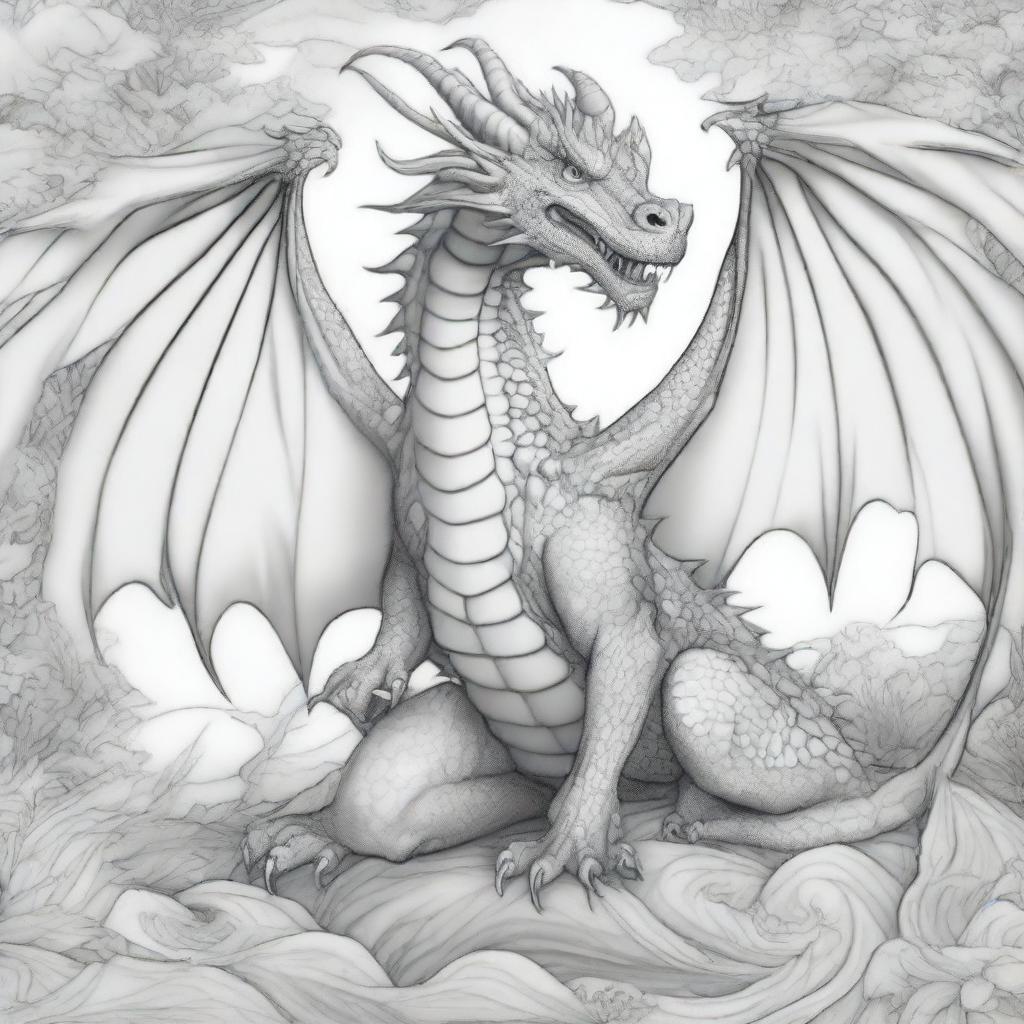 Create an image of a dragon in a dynamic pose, full of intricate details for coloring