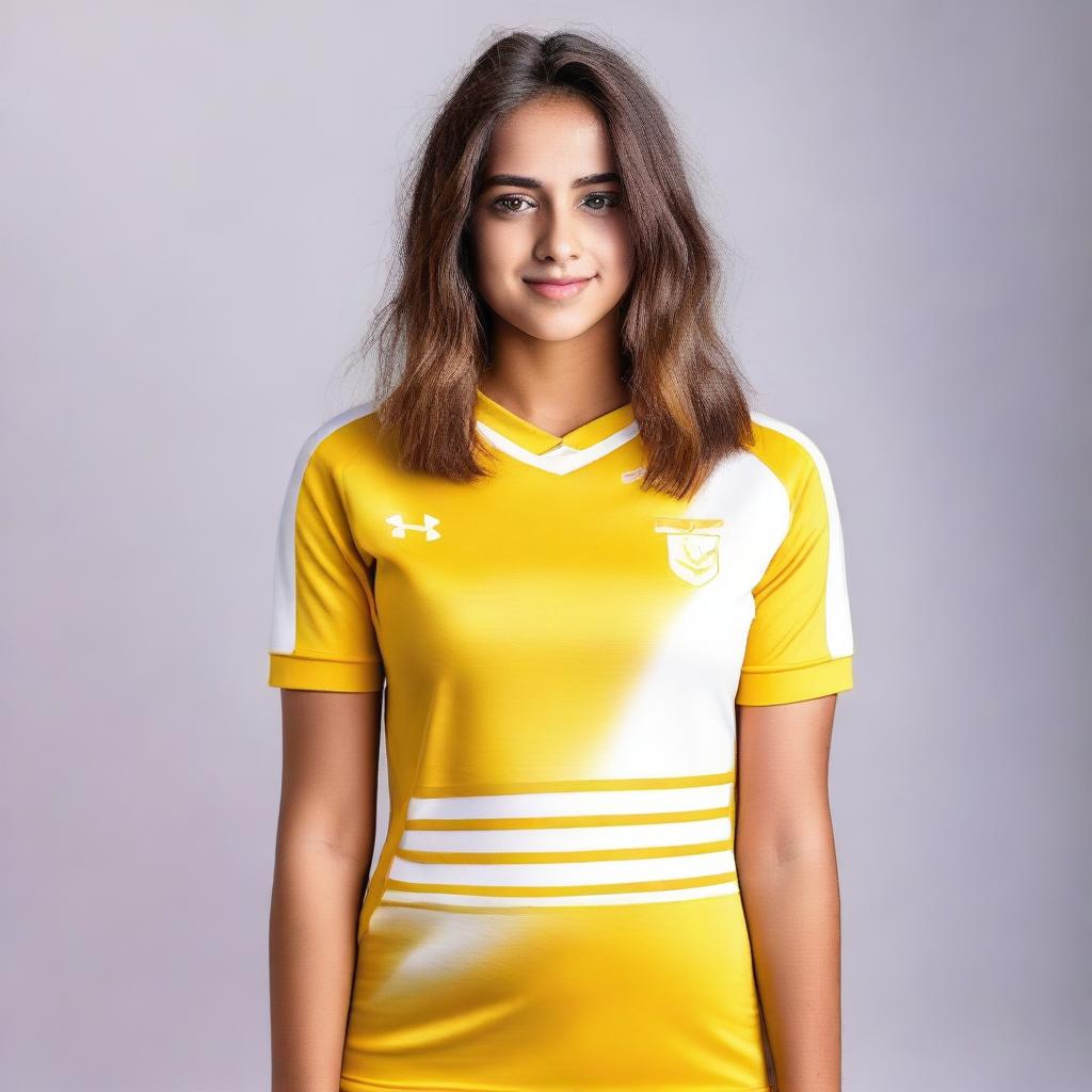 A beautiful girl dressed in yellow and white jersey.