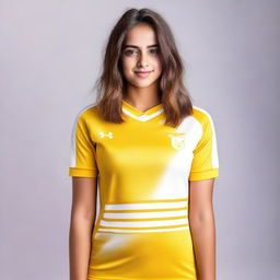 A beautiful girl dressed in yellow and white jersey.