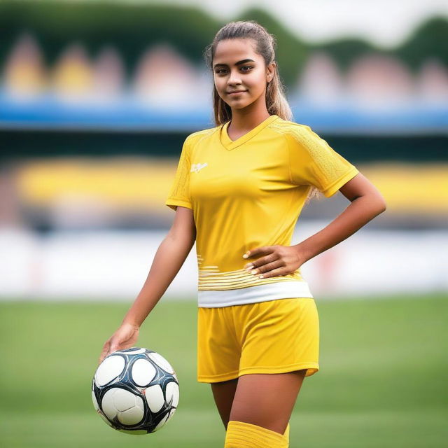 A beautiful girl dressed in yellow and white jersey.