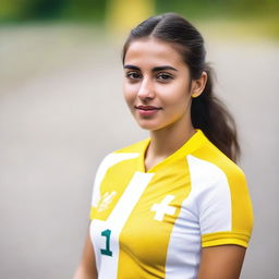 A beautiful girl dressed in yellow and white jersey.