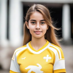 A beautiful girl dressed in yellow and white jersey.