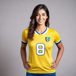 A beautiful woman wearing a yellow and white jersey, with the number 49 on it.