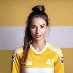 A beautiful woman wearing a yellow and white jersey, with the number 49 on it.