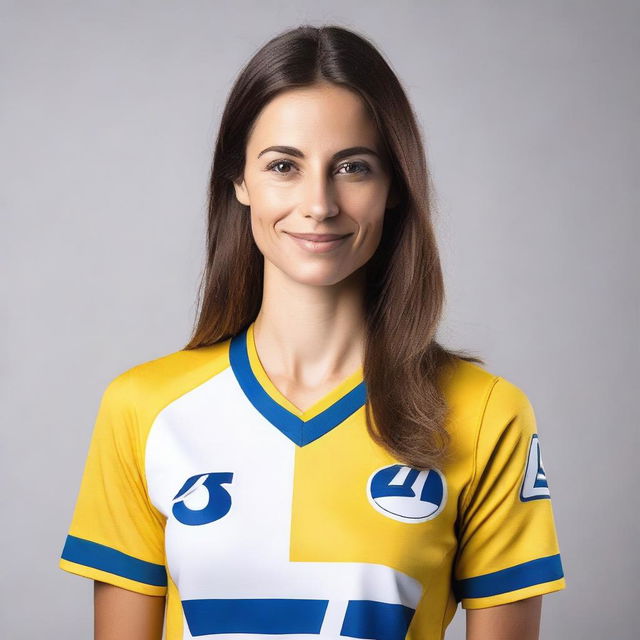 A beautiful woman wearing a yellow and white jersey, with the number 49 on it.