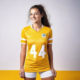 A beautiful woman wearing a yellow and white jersey, with the number 49 on it.