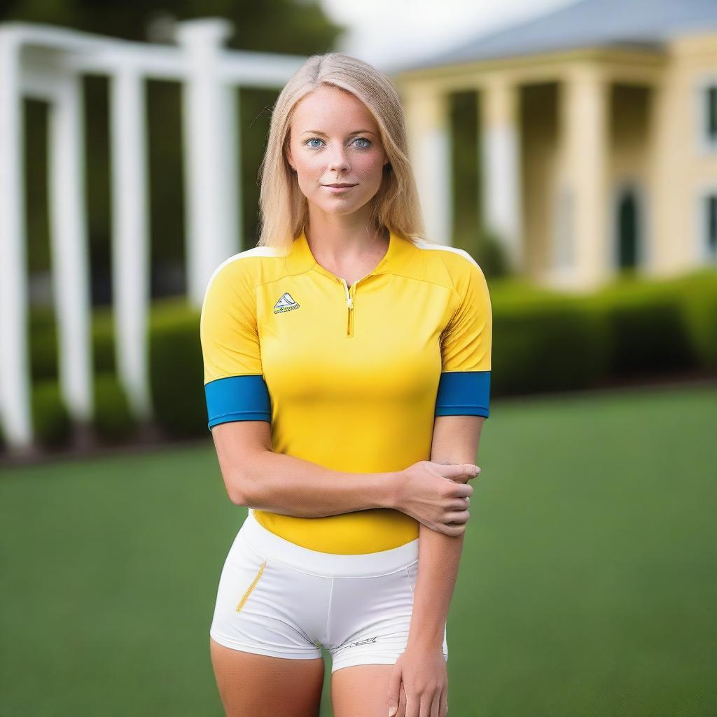 A beautiful woman with blue eyes, wearing a yellow and white jersey.