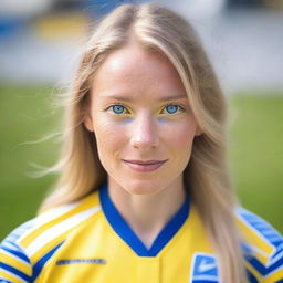 A beautiful woman with blue eyes, wearing a yellow and white jersey.