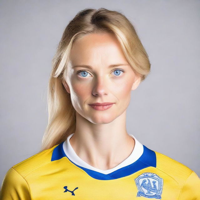 A beautiful woman with blue eyes, wearing a yellow and white jersey.