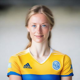 A beautiful woman with blue eyes, wearing a yellow and white jersey.