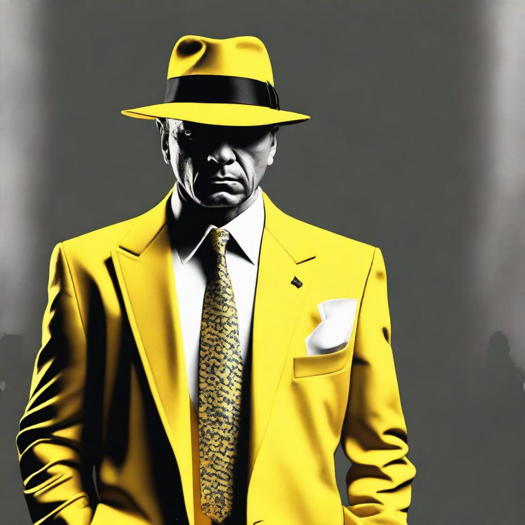 Generate an image of a mafia member dressed in yellow and white.