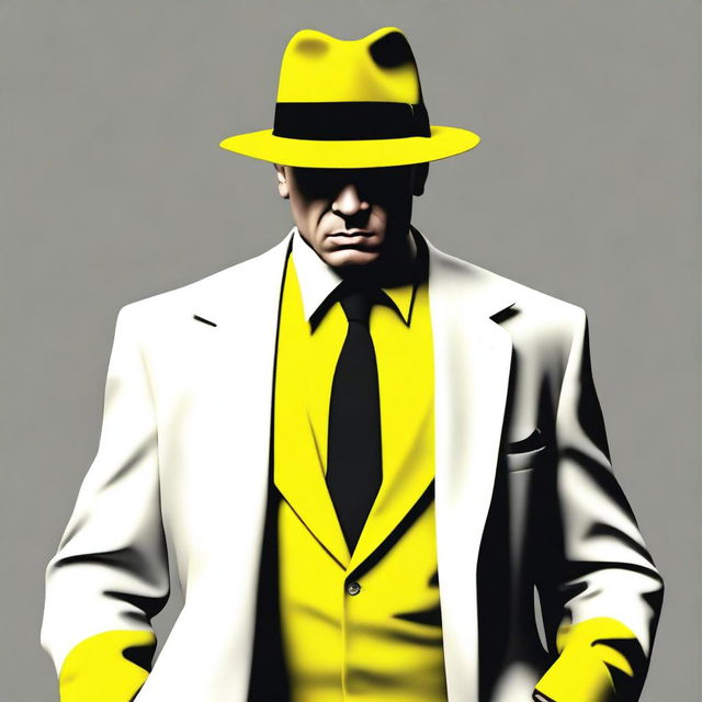 Generate an image of a mafia member dressed in yellow and white.