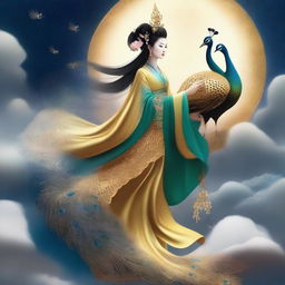 Create an image of a traditional Chinese goddess, shrouded in an aura of mystery, riding a majestic golden peacock