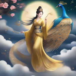 Create an image of a traditional Chinese goddess, shrouded in an aura of mystery, riding a majestic golden peacock