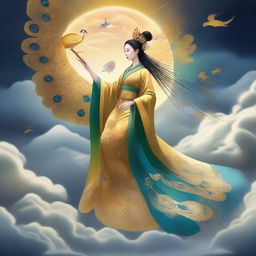 Create an image of a traditional Chinese goddess, shrouded in an aura of mystery, riding a majestic golden peacock