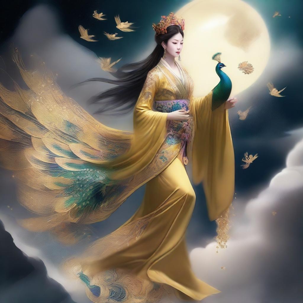 Create an image of a traditional Chinese goddess, shrouded in an aura of mystery, riding a majestic golden peacock