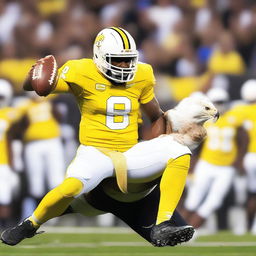 A football player in a yellow and white uniform, riding on an eagle.