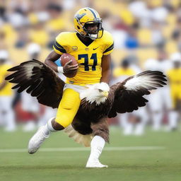 A football player in a yellow and white uniform, riding on an eagle.