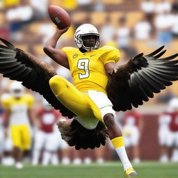 A football player in a yellow and white uniform, riding on an eagle.