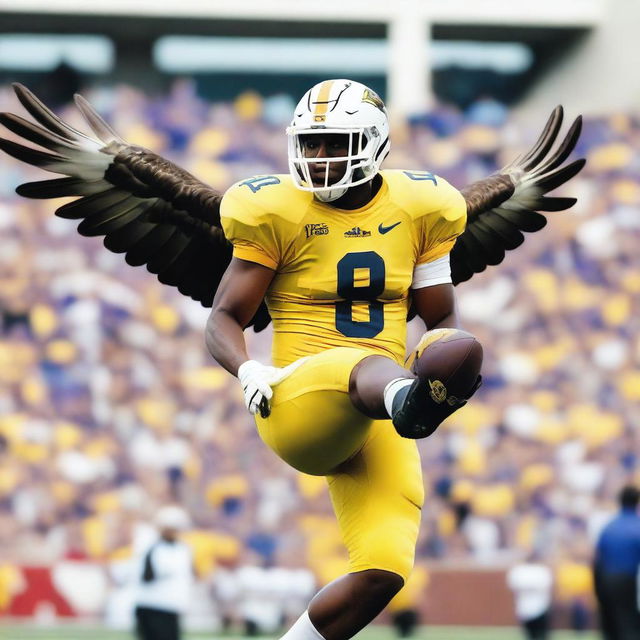 A football player in a yellow and white uniform, riding on an eagle.