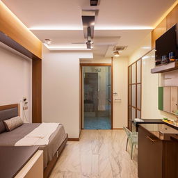 Interior of a stylish 1BHK home, showcasing a modern living room, a cozy bedroom, a well-equipped kitchen, and a clean bathroom.