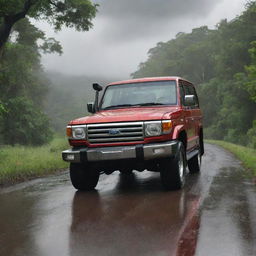 A luxurious, red V8 Land Cruiser on a single, quaint village road surrounded by lush greenery. It's depicted in a cartoon or clipart style with the front side of the vehicle in view. Above, moody, rain-filled clouds loom.