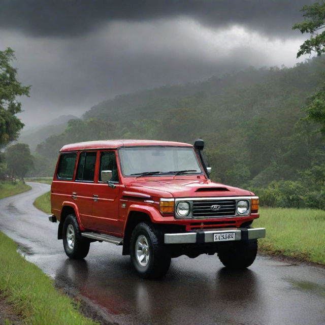 A luxurious, red V8 Land Cruiser on a single, quaint village road surrounded by lush greenery. It's depicted in a cartoon or clipart style with the front side of the vehicle in view. Above, moody, rain-filled clouds loom.