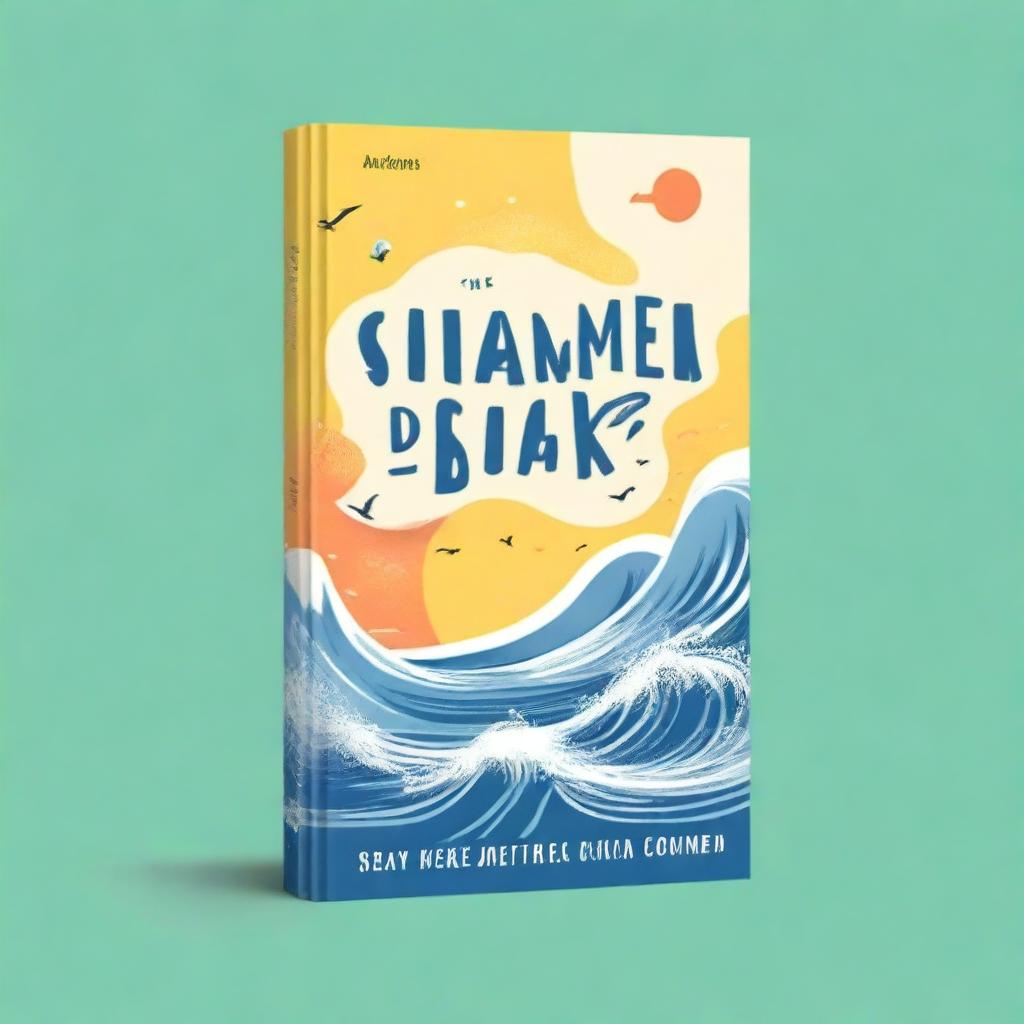 Design a book cover with the title 'The Summer Book' on the front cover in a playful, summery font, surrounded by illustrations of sea waves, sun, and seagulls, representing the essence of summer